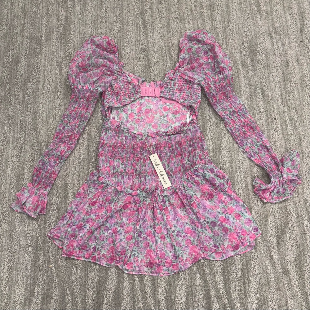 NWT For Love & Lemons Oakley Floral Print Puff Sleeve Corset Top Mini Dress Sz S - Picture 3 of 8